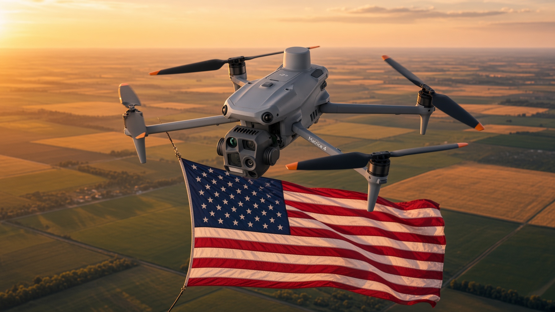 American flag flying from a DJI Matrice 4T over Nebraska farmland