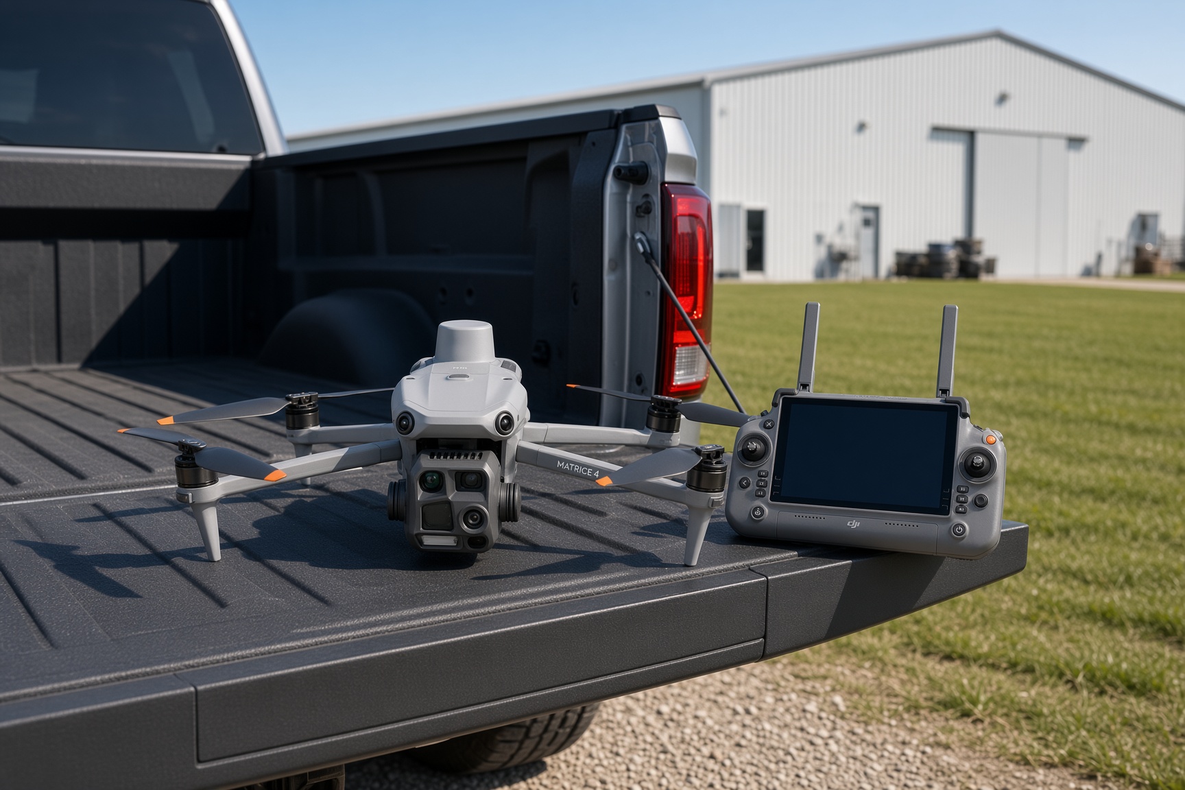 DJI Matrice 4T and RC Plus controller staged on a pickup tailgate in a Nebraska farmyard